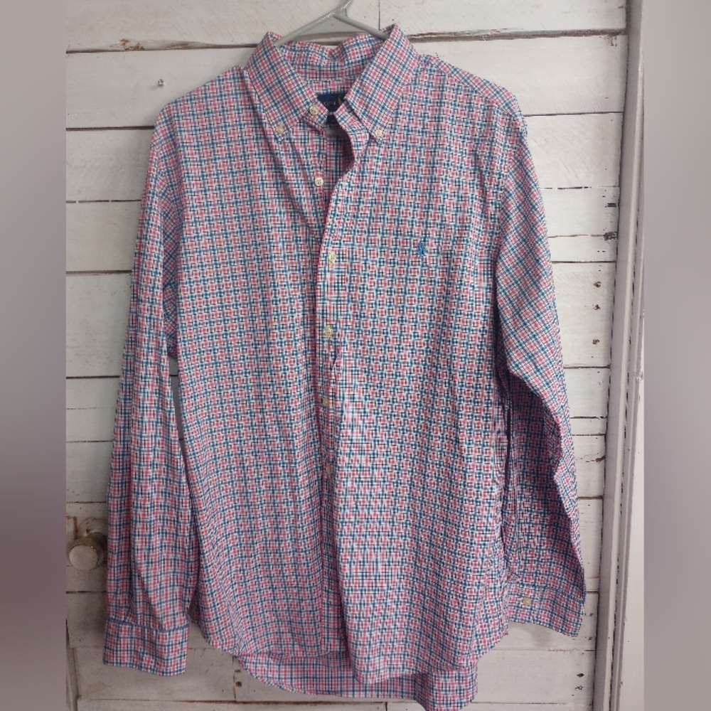 RALPH LAUREN Large Pink Blue Button Down Plaid Cotton Shirt Pony Logo Preppy *